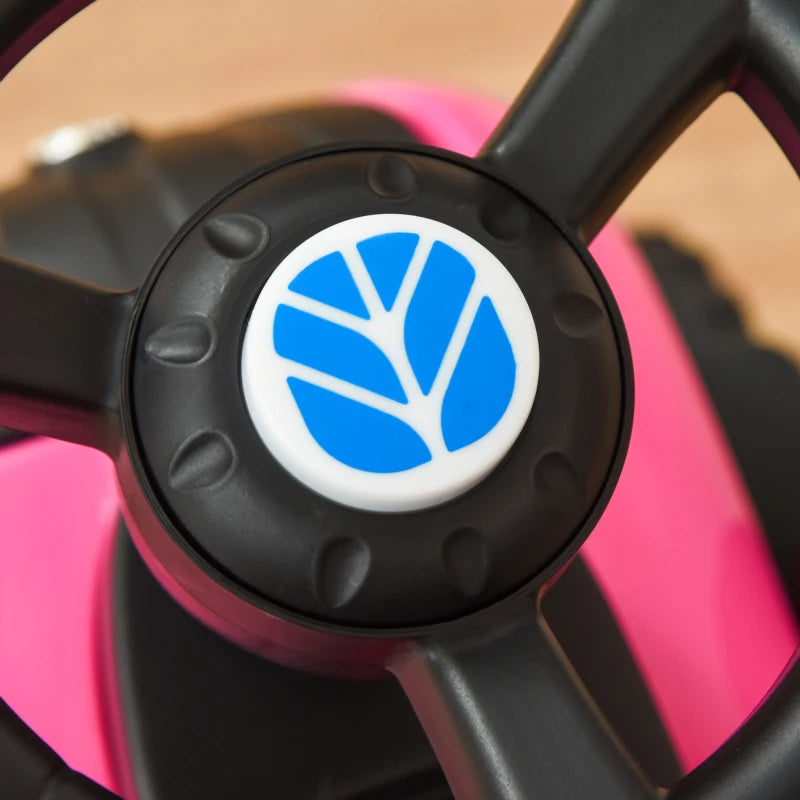 Pink ride-on tractor toddler walker steering wheel with blue emblem