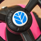 Pink ride-on tractor toddler walker steering wheel with blue emblem