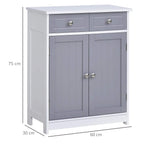 Freestanding grey and white bathroom cabinet with two drawers and two doors, front view