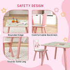 Pink kids desk set with two chairs featuring animal backrests and sturdy solid legs