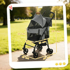 Grey foldable pet stroller with mesh panels, canopy, and four caster wheels