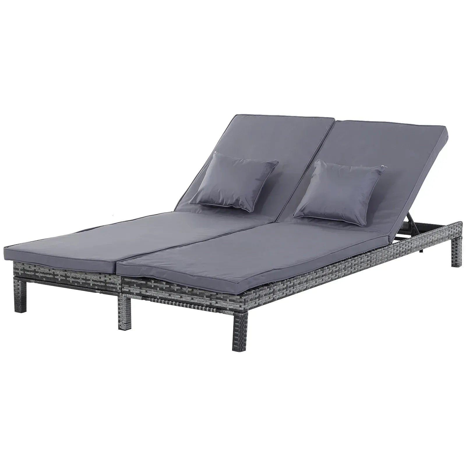 2 Seater Rattan Lounger Adjustable Double Chaise Chair Loveseat w/ Cushion - Grey - Bobobiy