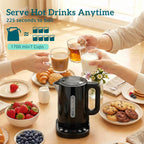 Black electric kettle on table with cups and snacks around it