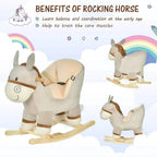 Grey plush donkey rocking toy with padded seat and wooden runners, side and front