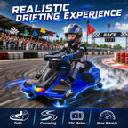 Blue electric drift go-kart with rider in helmet, glowing underbody LEDs