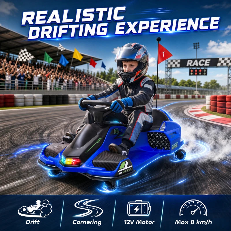 Blue electric drift go-kart with rider in helmet, glowing underbody LEDs