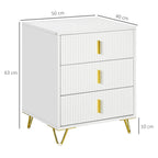 White three-drawer chest with ribbed drawer fronts, gold handles, and gold legs