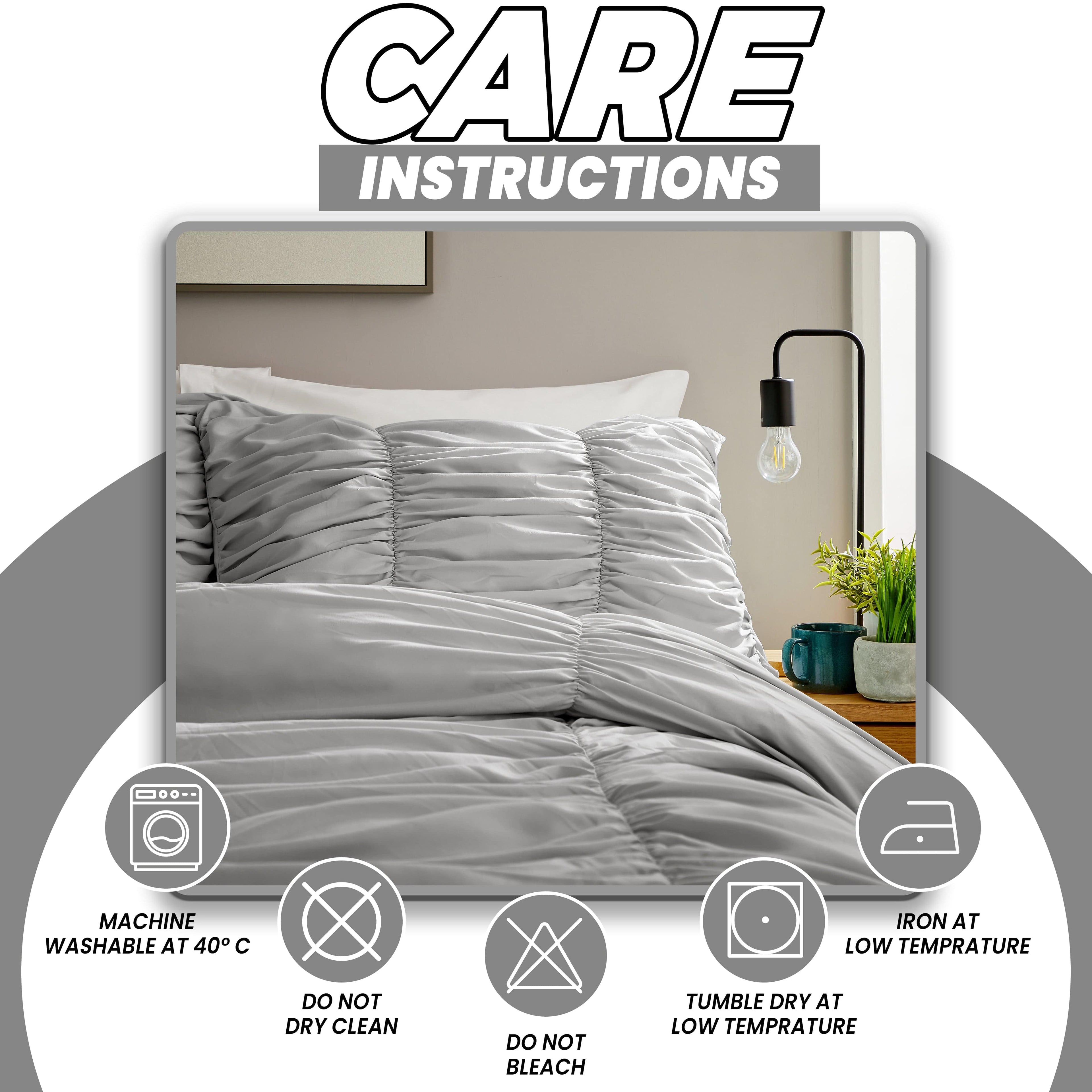 Ruched Grey Microfibre Duvet Cover Set with Pillowcases Ruffle Bedding Super Soft Easy Care Quilt Bed Linen