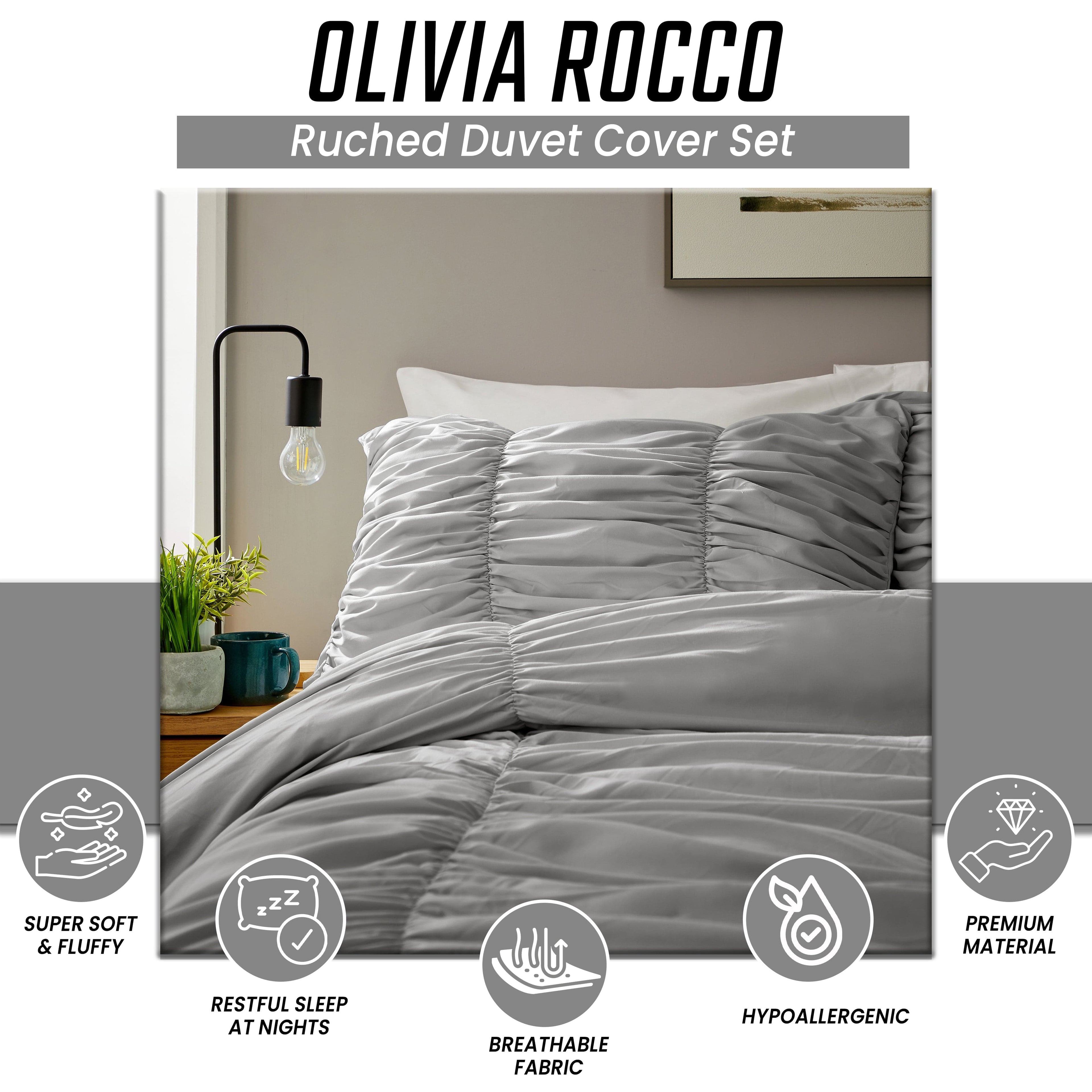 Ruched Grey Microfibre Duvet Cover Set with Pillowcases Ruffle Bedding Super Soft Easy Care Quilt Bed Linen