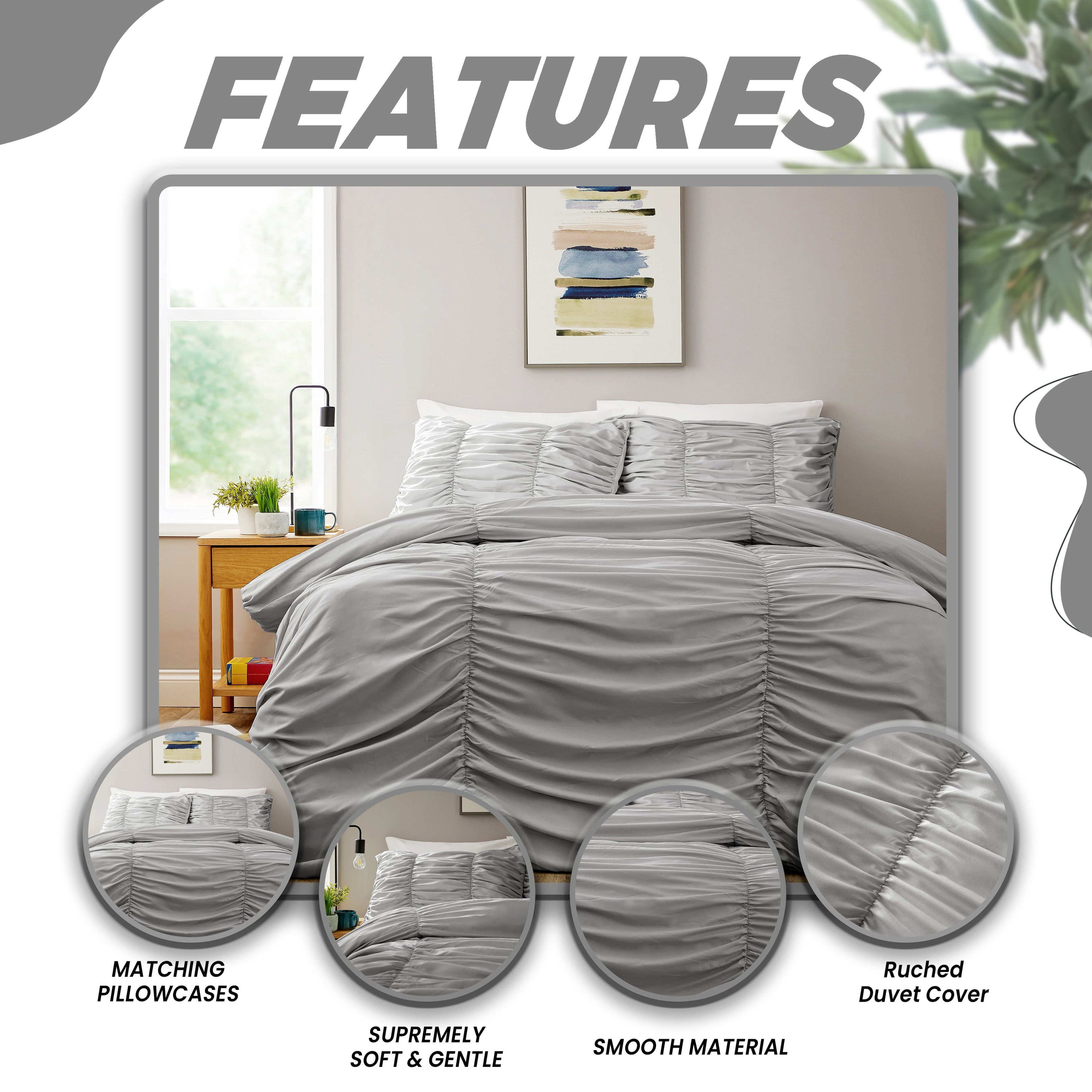Ruched Grey Microfibre Duvet Cover Set with Pillowcases Ruffle Bedding Super Soft Easy Care Quilt Bed Linen