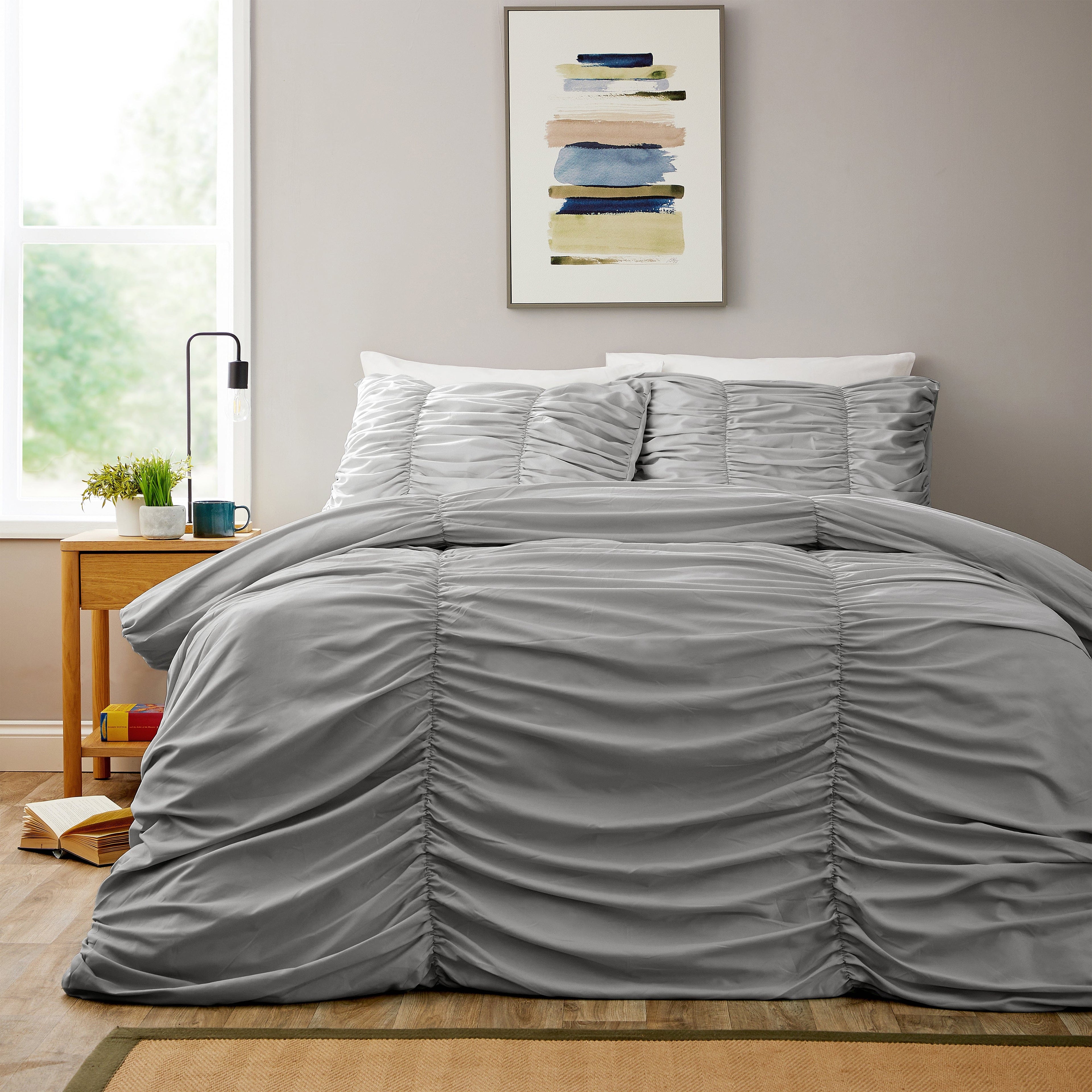 Ruched Grey Microfibre Duvet Cover Set with Pillowcases Ruffle Bedding Super Soft Easy Care Quilt Bed Linen