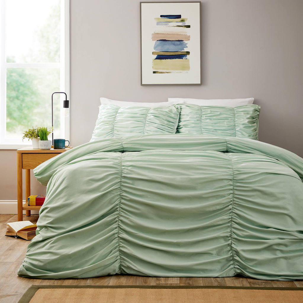 Ruched Sage Green Microfibre Duvet Cover Set with Pillowcases Ruffle Bedding Super Soft Easy Care Quilt Bed Linen