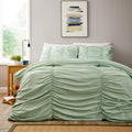 Ruched Sage Green Microfibre Duvet Cover Set with Pillowcases Ruffle Bedding Super Soft Easy Care Quilt Bed Linen
