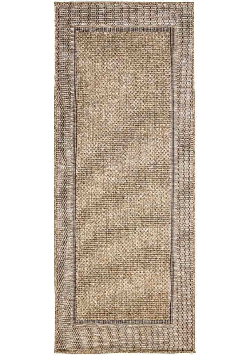 Border rug with rectangular panel design, beige field and light tan edging.