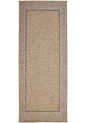 Border rug with rectangular panel design, beige field and light tan edging.
