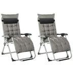 Reclining zero gravity lounge chair with dark grey frame and grey cushioned backrest