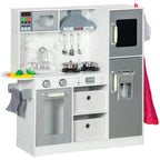 White kids toy kitchen with sink, stove, oven, microwave and included accessories