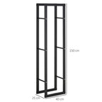 Tall black firewood log rack with side rails, open metal frame, 150 cm height