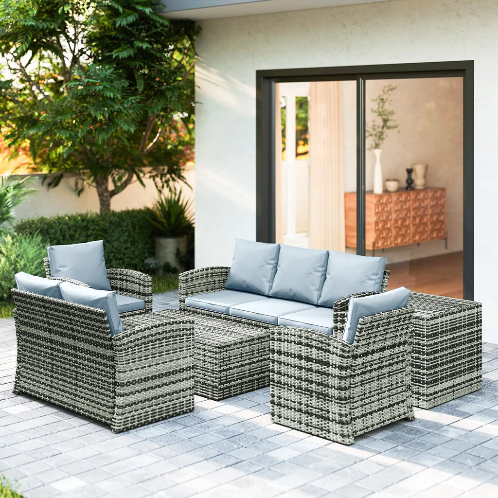 Outsunny 6-Piece Rattan Garden Set, 7-Seater Wicker Outdoor Furniture Set with Storage Tea Table & Side Table