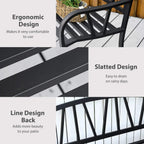 Black metal two-seat garden bench with slatted seat and ergonomic curved armrests