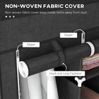 Black fabric wardrobe cover detail with zipper closure and hook-and-loop fastener strips.