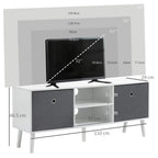 White TV cabinet with two grey storage drawers and open center shelf, TV centered on top