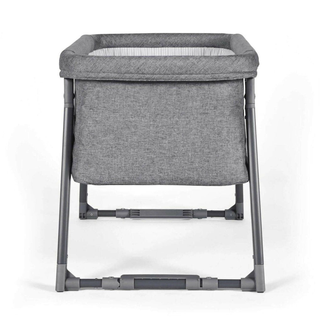 Space Grey mini crib bassinet with gray padded walls and gray metal support legs.