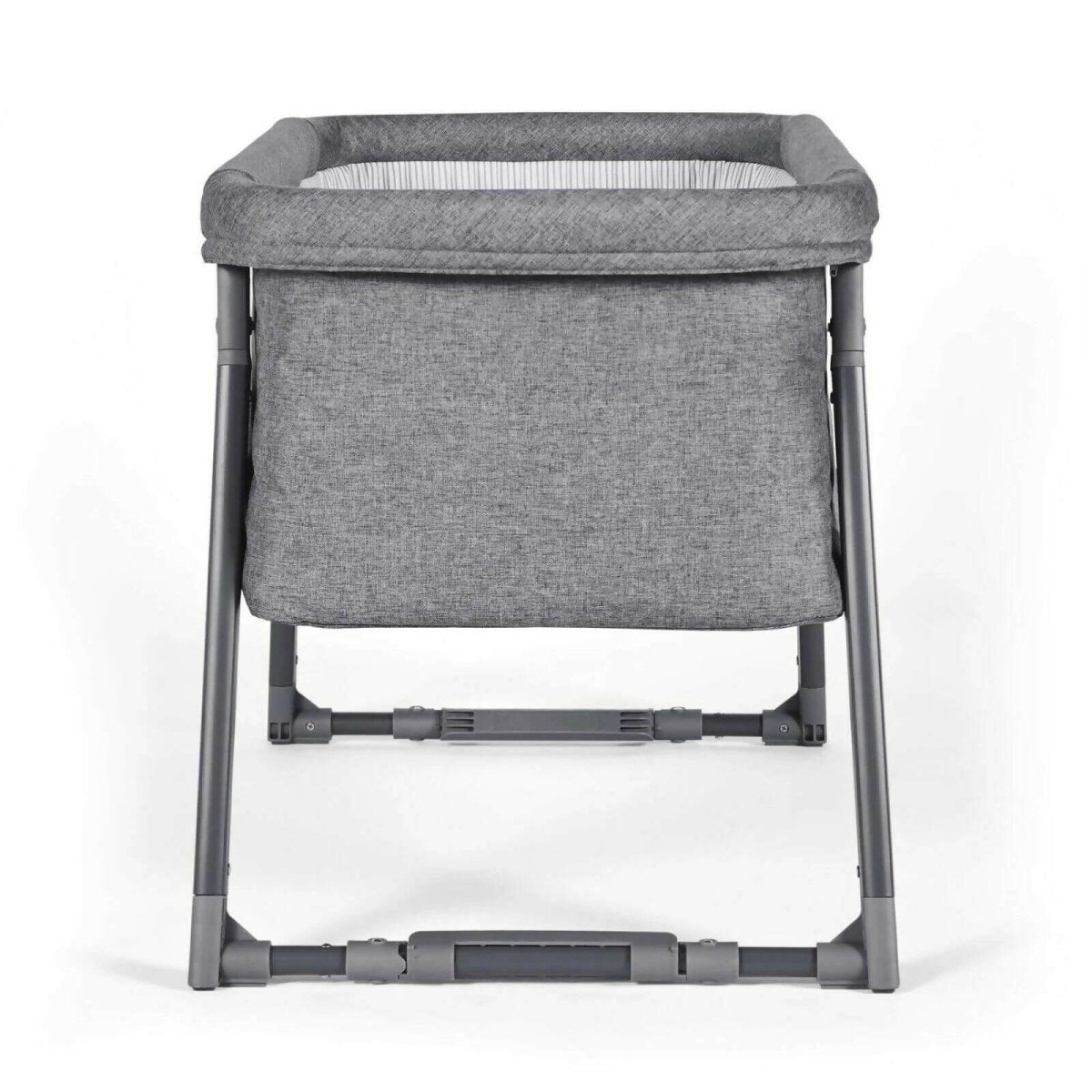 Space Grey mini crib bassinet with gray padded walls and gray metal support legs.