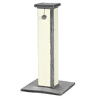 Vertical cat scratcher post with grey plush top, sisal-wrapped body, and hanging ball