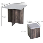 Grey wood-grain dining table and storage stools shown with size diagram and measurements