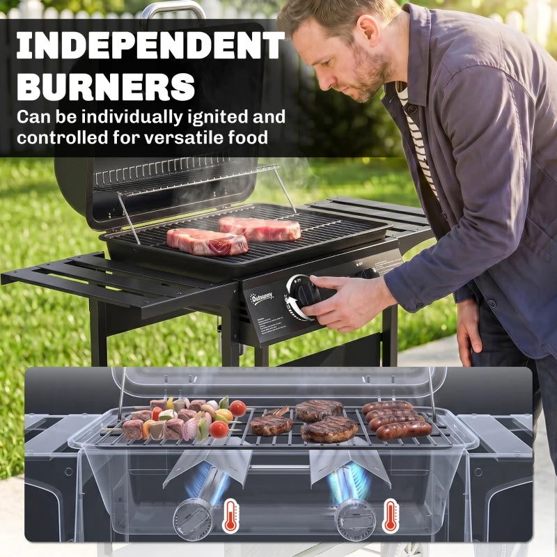 Black gas barbecue grill with open lid, independent burner controls, and cooking grates