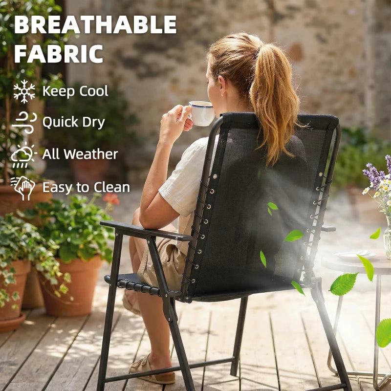 Black high-back folding outdoor chair with breathable texteline seat and supportive frame