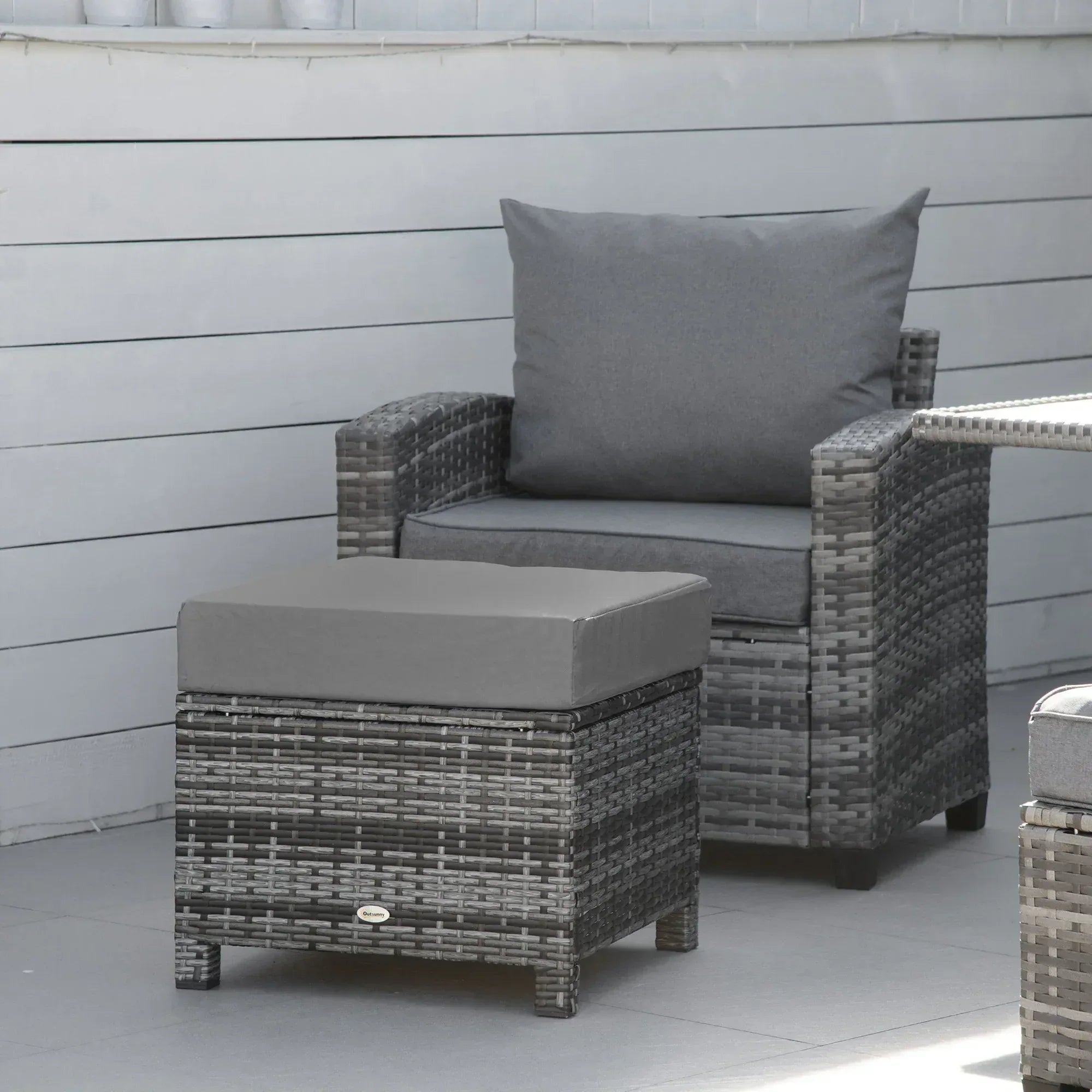 Rattan Footstool Wicker Ottoman with Padded Seat Cushion Outdoor Patio Furniture for Garden Poolside Living Room, 50 x 50 x 35 cm, Grey - Bobobiy