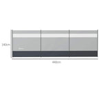 Grey camping windbreak screen, 440 x 140 cm, three-panel clear window design