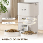 White automatic cat feeder with dual stainless bowls and anti-clog rotating system