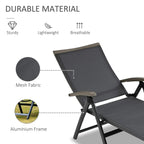 Grey mesh lounger seat and backrest with visible aluminium frame, folding chaise chair