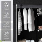 Black fabric wardrobe interior with hanging rail and shelves; sturdy metal frame.