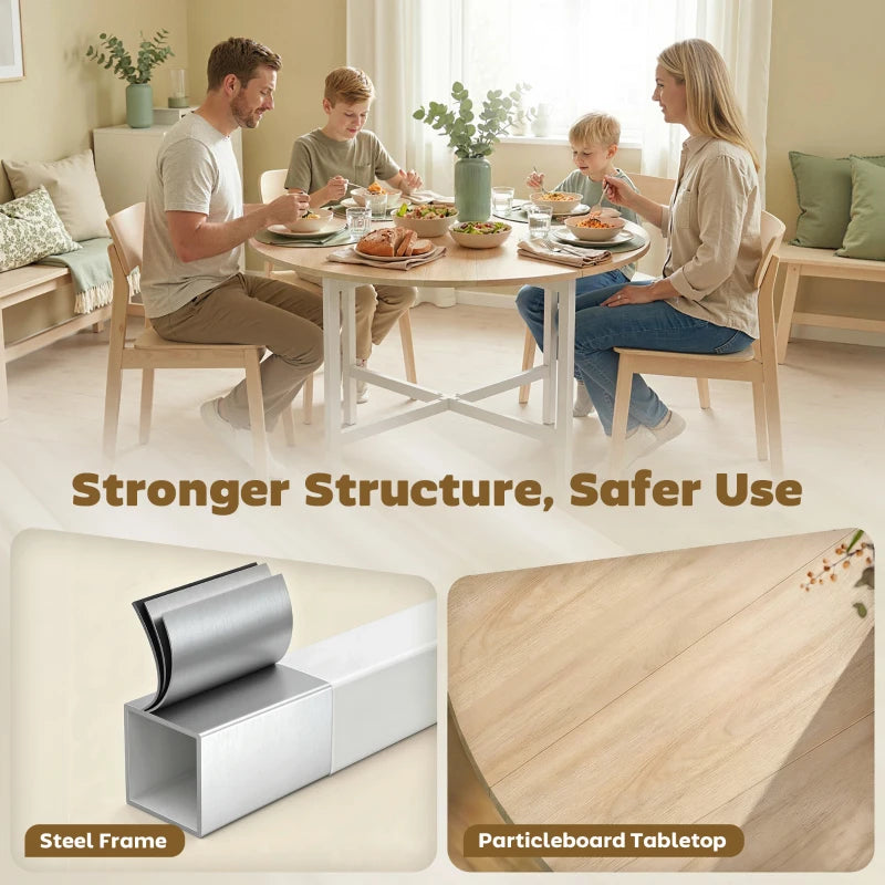 Drop-leaf dining table with steel frame and light wood tabletop, white folding legs