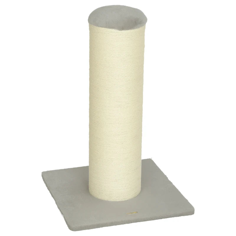 Cat scratching post with cylindrical sisal-wrapped post and gray fabric base