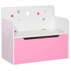 Pink kids wooden toy box storage bench with open lid and star decals on the back panel.