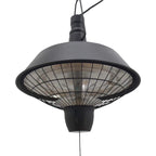 Black hanging halogen patio heater with wide metal mesh guard