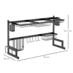 Black over-sink drying rack with grid shelves and side mounts; product dimensions