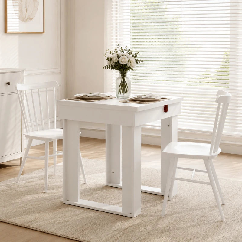 White folding dining table with lower storage, paired with white chairs
