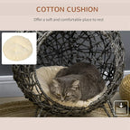 Grey cat bed basket house with cream cotton cushion and a kitten resting inside