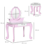 Pink kids dressing table set with mirror and stool, dimensions shown