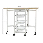 White kitchen cart trolley with oak top, three wire baskets, and measurements on frame