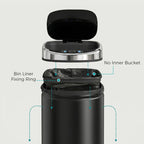 Black automatic trash can with open lid and removable bin liner ring