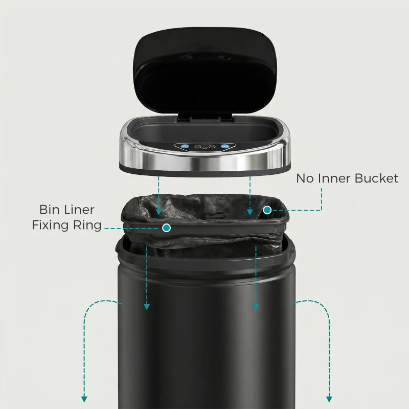Black automatic trash can with open lid and removable bin liner ring