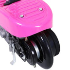 Pink foldable electric kids scooter close-up of front wheel and deck top plate