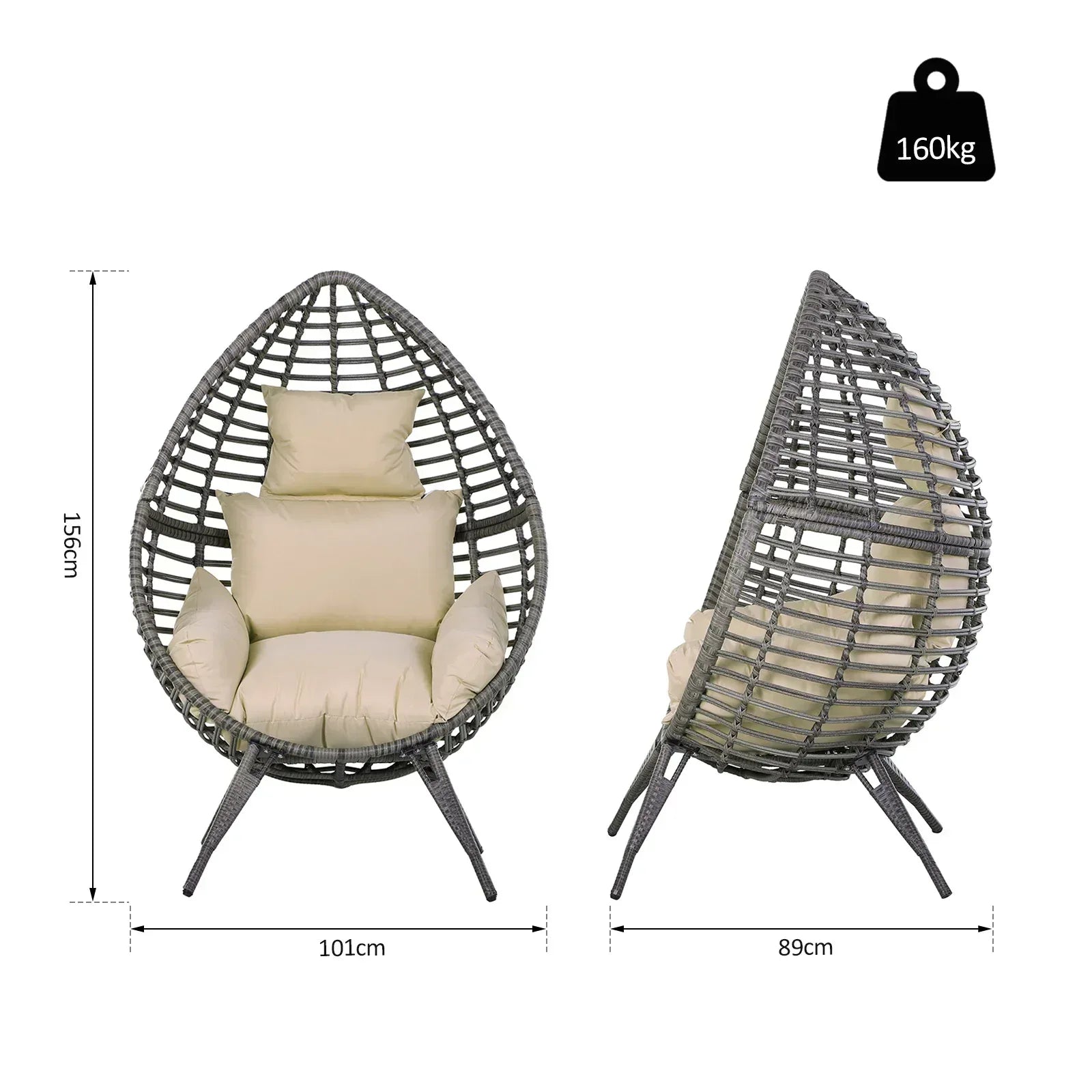 Garden Egg Chair, Teardrop Outdoor PE Rattan Chair with Full-body Soft Padded Cushion, Grey - Bobobiy